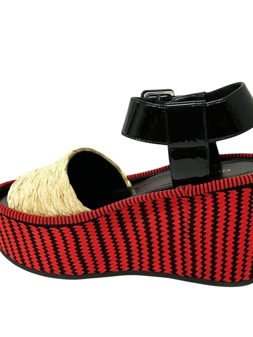 New Celine Red Woven Platform Sandals with Black Patent Ankle Strap 36/6